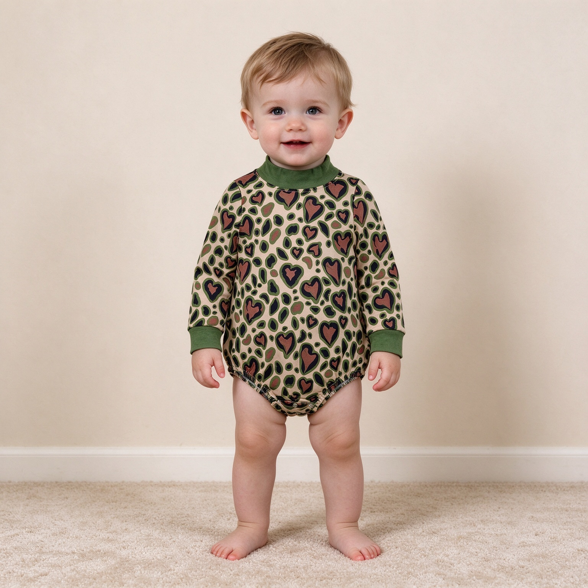 NEW RTS NO MOQ milk silk LR3333 High Neck Baby Girls Long Sleeve Olive Black Leopard Hearts Print Valentines Rompers