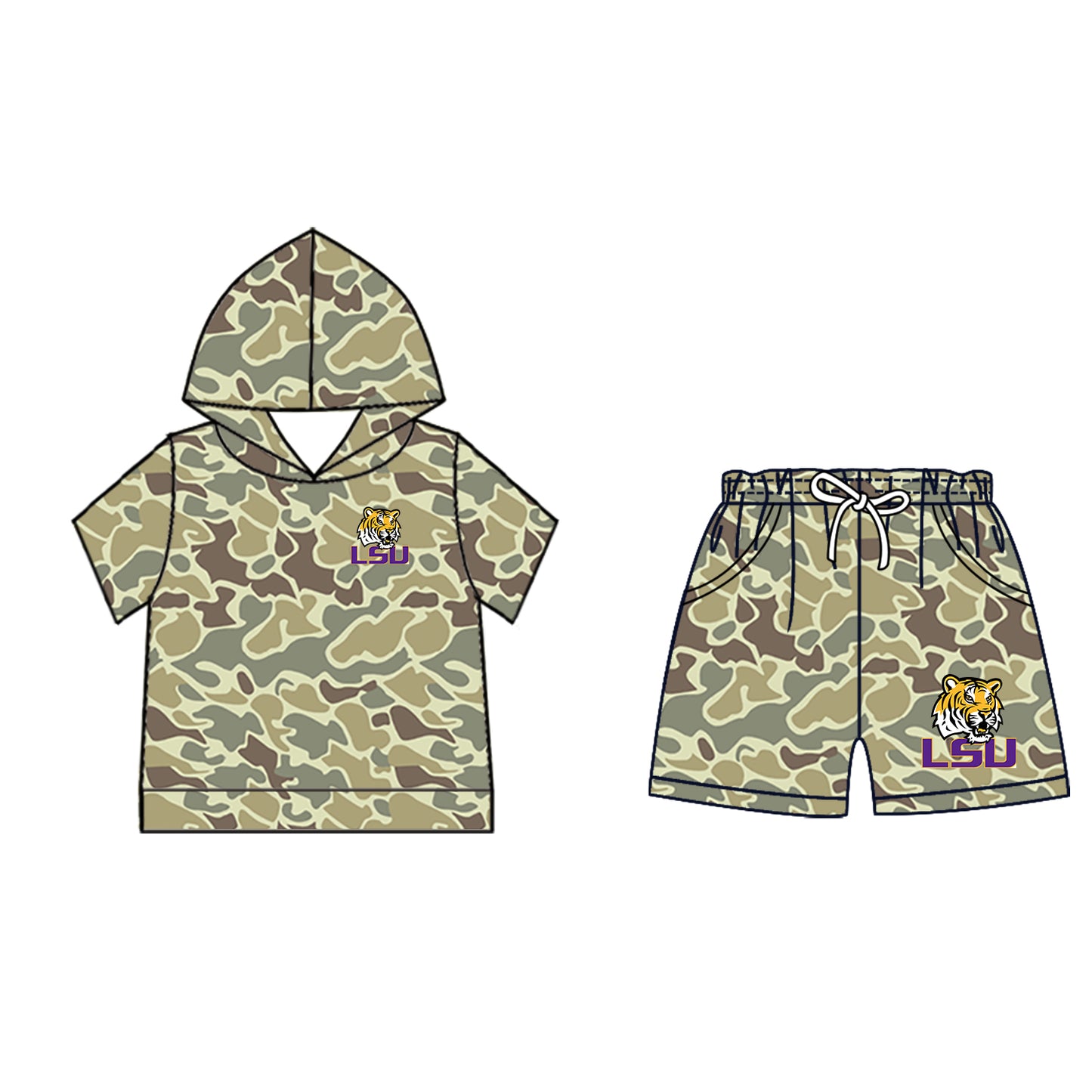 Custom moq 5 mix size milk silk summer teams Baby Camo Hooded Short Sleeve Top and Shorts Set Ice Cream Drips Purple Hooded Top with Matching Shorts