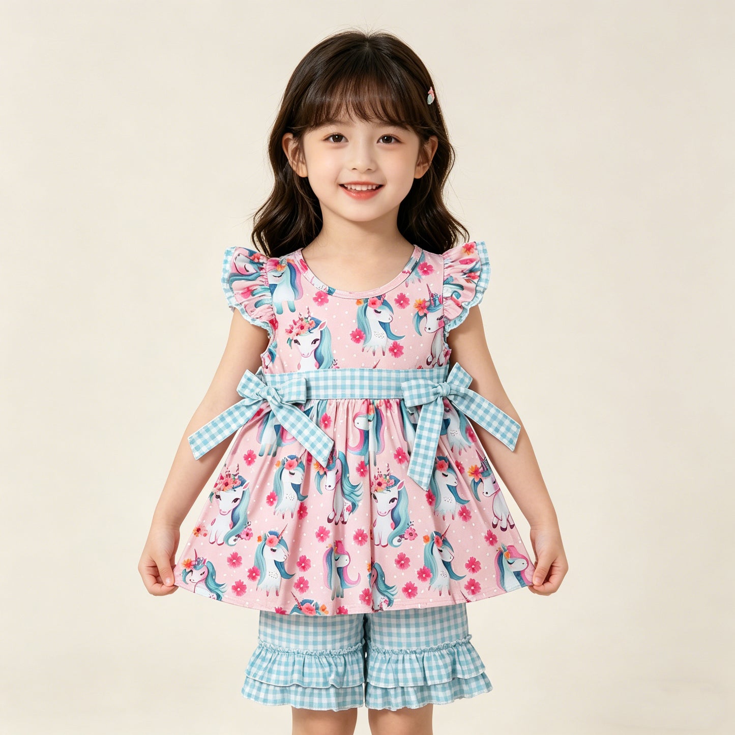RTS NO MOQ GSSO3747 Baby Girls' Floral Horses Flutter Sleeves Tunic And Ruffle Shorts Outfit（2T-10-12T）