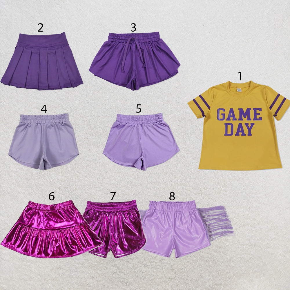 RTS NO MOQ Sibling yoga fabric Baby Girls Vinyl Purple Game Day Print Top Matching Shorts Two Piece Team Active Clothes Set