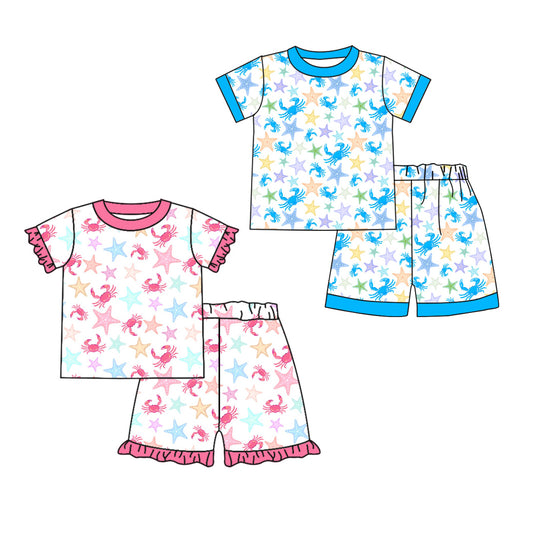 12.3 custom each style moq 5eta 4-6week Sibling Sister starfish crab baby girl short sleeve shorts fish sets 1 and easter sets 2 match design