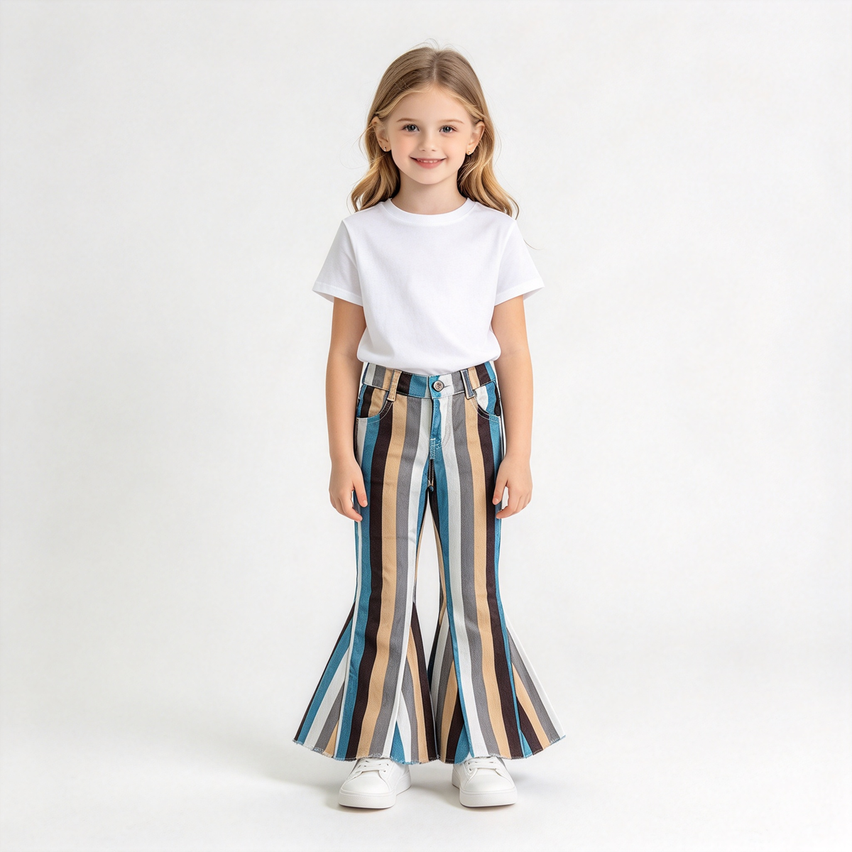RTS NO MOQ Sibling Denim Baby Girls Stripe Bell Bottom Denim Pants
