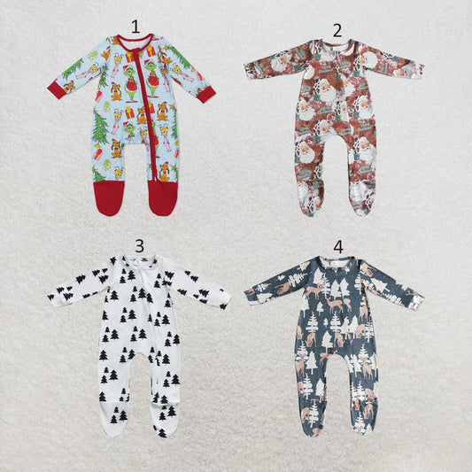 RTS NO MOQ Sibling milk silk Baby Boys Girls Christmas Long Sleeve Print Zip Up Footed Rompers