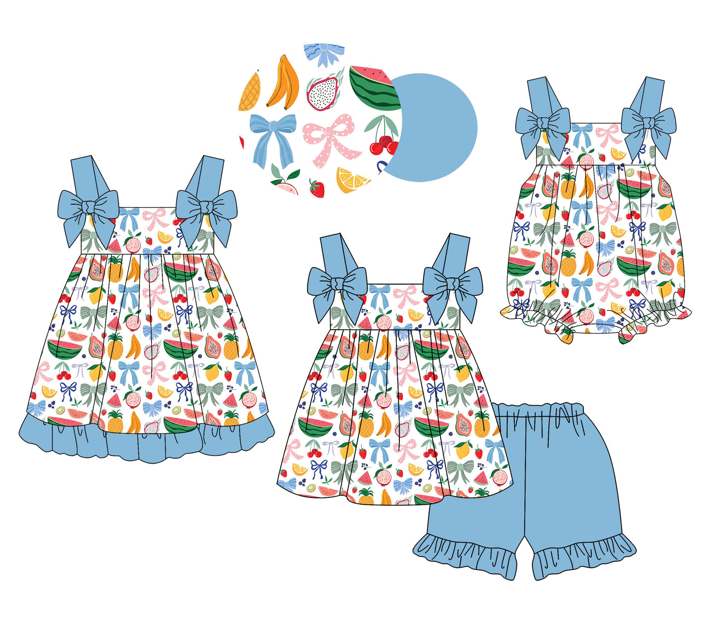 4.11 Custom moq 5 mix size Sibling Baby Girl's Fruit Bows Strap Top And Short Set Cute Romper Dress for Summer