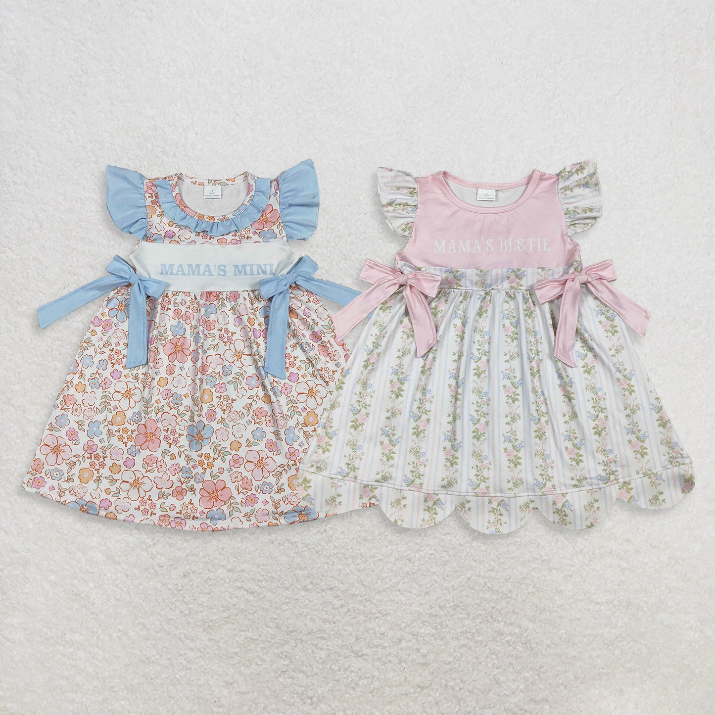 RTS NO MOQ Sibling milk silk Baby Girls Flutter Sleeve Floral Print Summer Knee Length Dresses