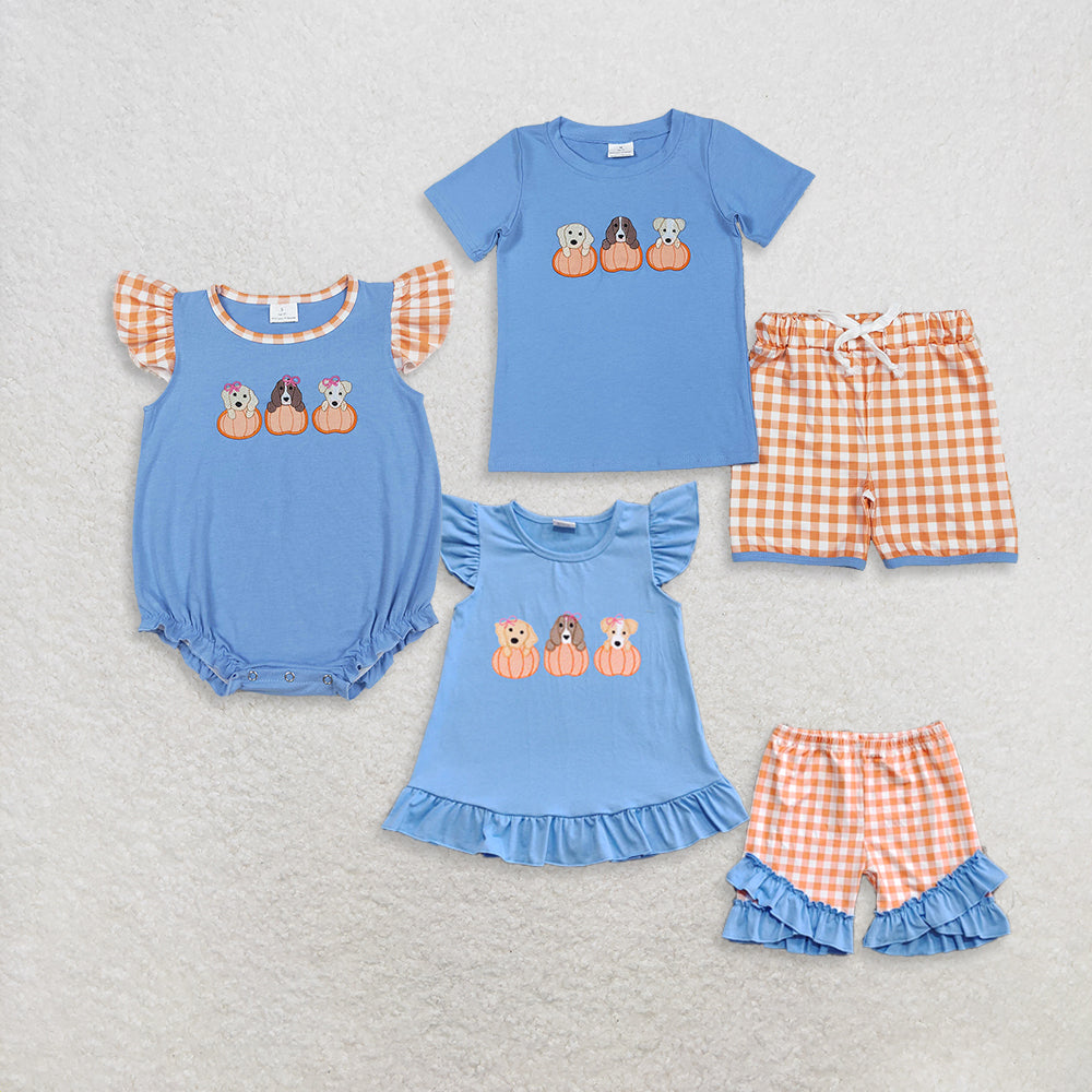 RTS NO MOQ Sibling Baby girls boy clothes embroidery halloween pumpkin short sleeve shorts suits & rompers