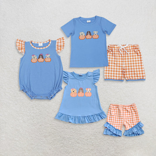 RTS NO MOQ Sibling Baby girls boy clothes embroidery halloween pumpkin short sleeve shorts suits & rompers
