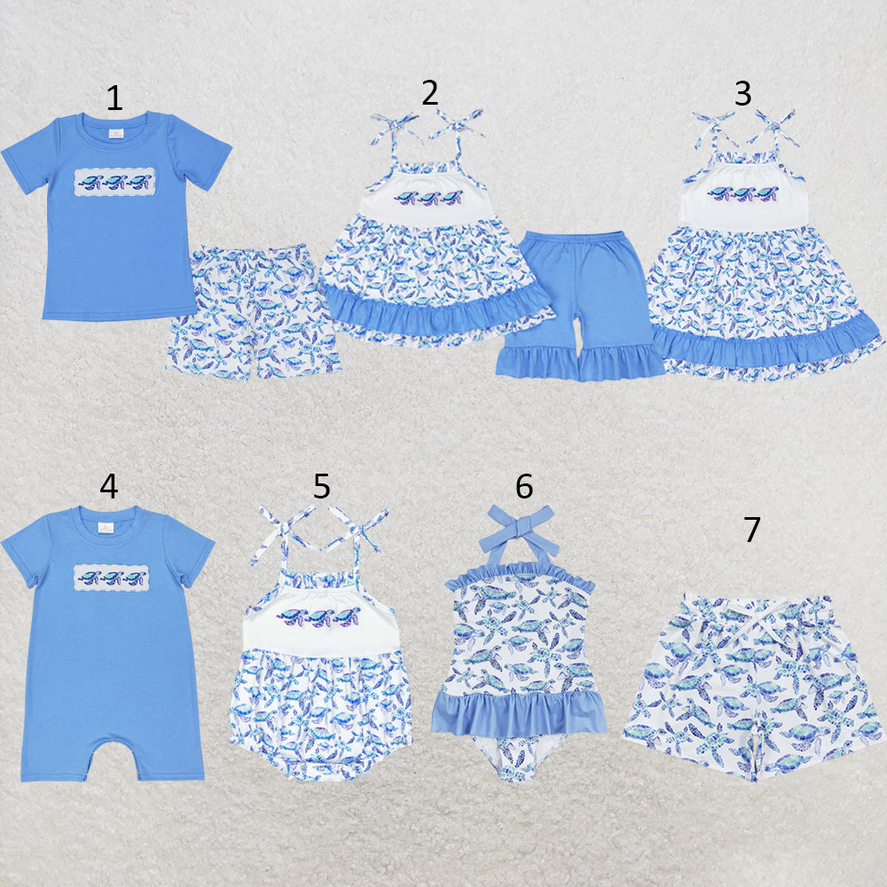 RTS NO MOQ Sibling milk silk Baby Boys And Girls Blue Turtles Tee Shirts Tops Shorts Clothes Sets Dress Rompers