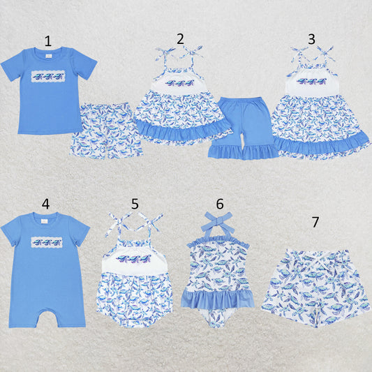 RTS NO MOQ Sibling milk silk Baby Boys And Girls Blue Turtles Tee Shirts Tops Shorts Clothes Sets Dress Rompers