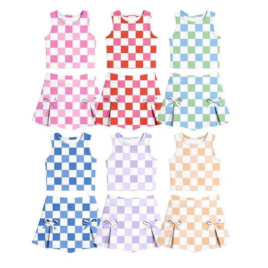 Custom moq 5 mix size Baby Girls Plaid Sleeveless Top And Skirt Yoga Set Comfortable Two-Piece Outfit for Kids