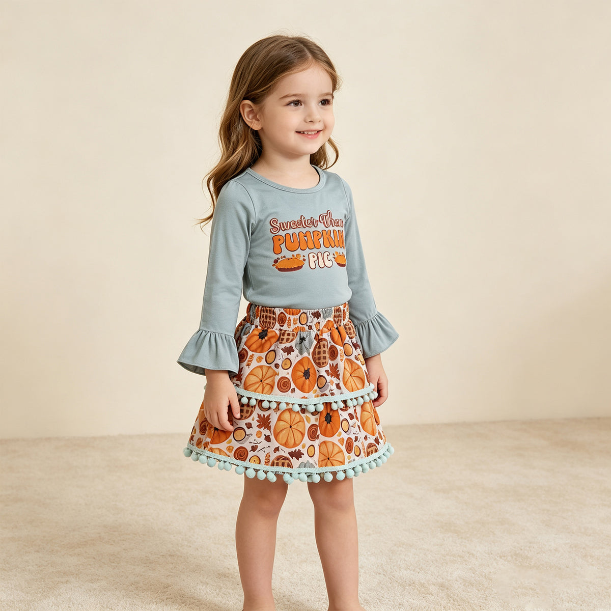 NEW RTS NO MOQ milk silk GLD0763 Baby Girls Long Sleeve Ruffle Top Pumpkin Pie Print Skirt Set