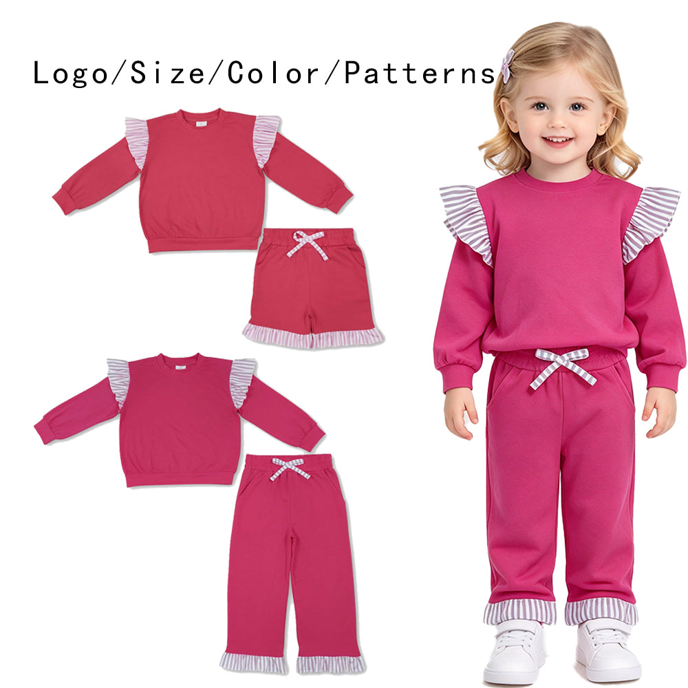 RTS NO MOQ Sibling milk silk Baby Girls Watermelon Red Stripe Ruffle Long Sleeve Top Pant Short Set