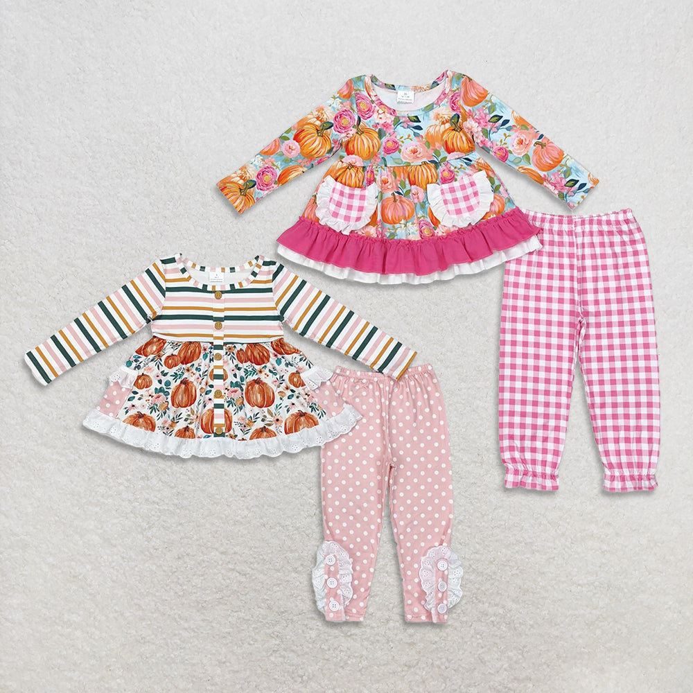 RTS NO MOQ Sibling Baby Girls embroidery pumpkin halloween Long Sleeve Pants Sets