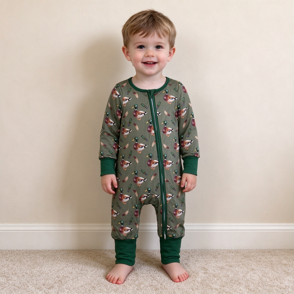 NEW RTS NO MOQ milk silk LR3232 Baby Boys Green Ducks Two Way Zip Convertible Daily Romper