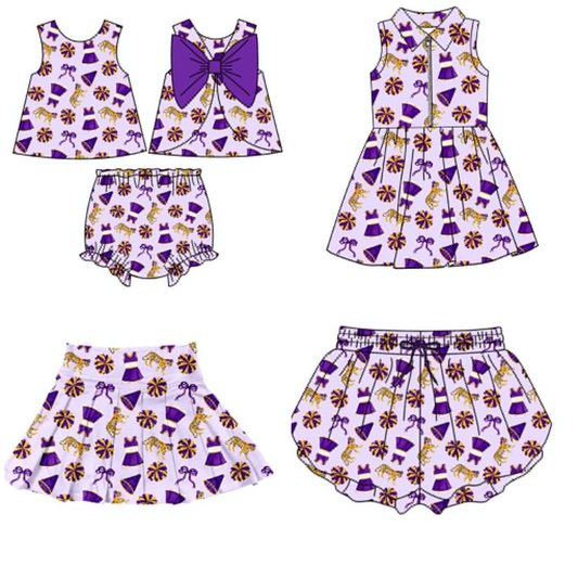 custom moq 5 mix size ATL062504 Baby Girls Purple Team Bow Print Bummie Sets Girls Athletic Wear