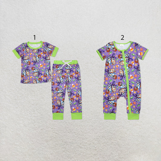RTS NO MOQ Sibling milk silk Cute Clothes Baby Boys Purple Top Matching Pants Two Piece Halloween Pajama Clothes Set Rompers