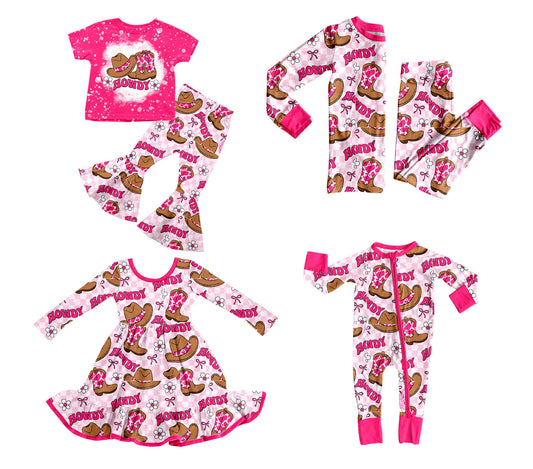 25.9.25 custom each style moq 8 eta 6-8week Sibling Sisters howdy hat bow baby girl long sleeve pants sets 2 and dress and rompers match family design