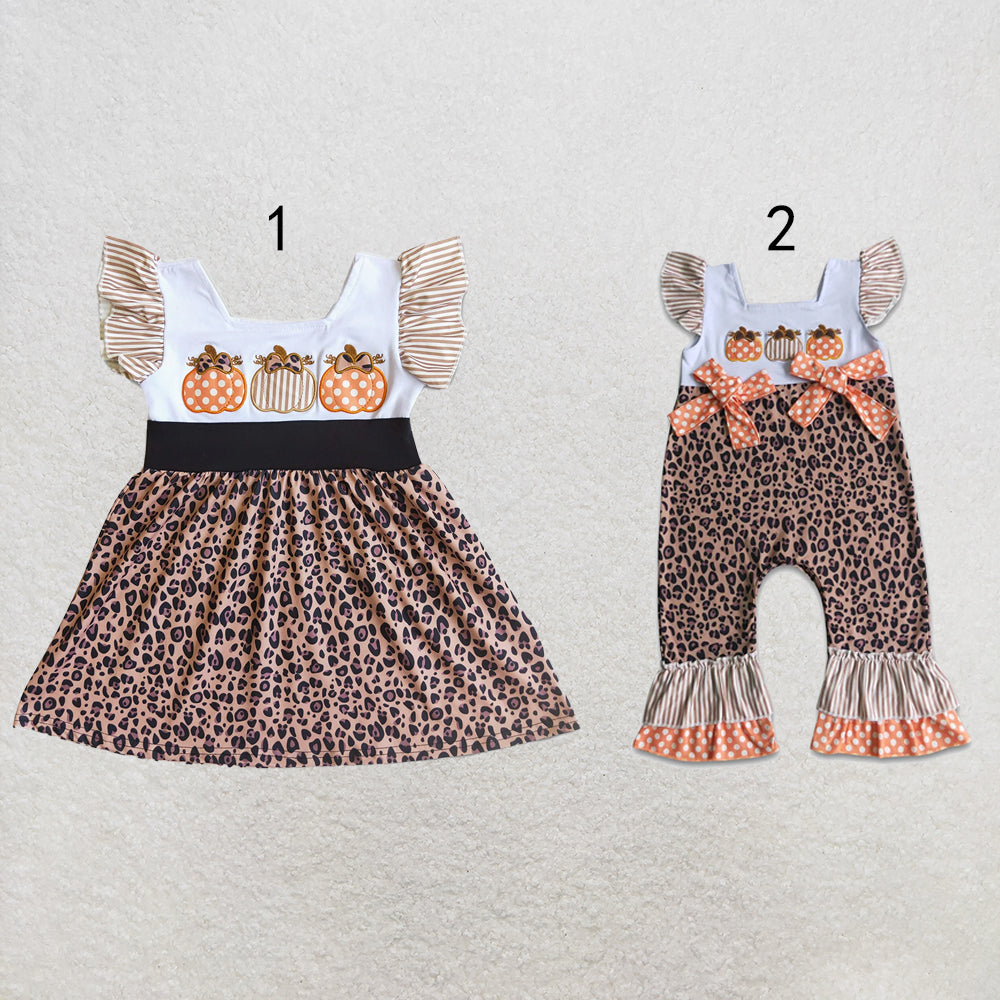 RTS NO MOQ Sibling milk silk Embroidery Pumpkin Baby Girls Leopard Flutter Sleeve Fall Casual Dresses Bow Rompers