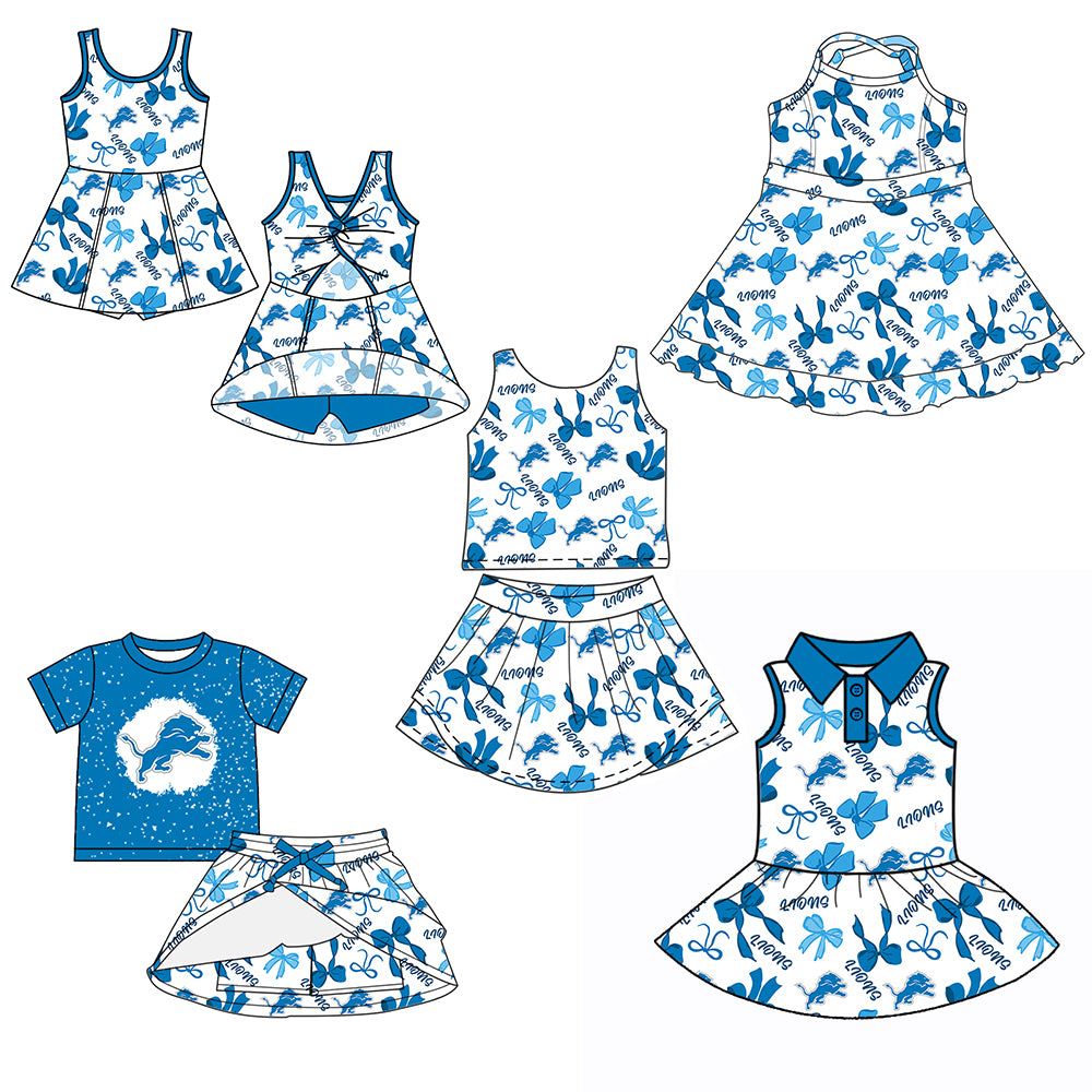 Custom moq 5 mix sizes summer teams baby girls clothes team sky blue short sleeve skirts shorts sets 1 and skirts sets 2 and and skirts sets 2 and dress 1 and dress 2 and dress 3 and dress 4-25.6.6