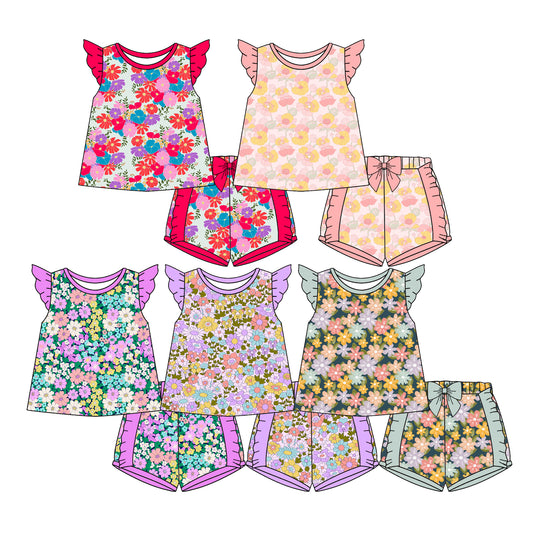 4.7 Custom moq 5 mix size Sibling Baby Girl Colorful Flowers Flutter Sleeve Top And Shorts Set Summer Outfit