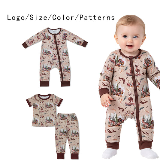RTS NO MOQ Sibling milk silk Baby Boys Deer Print Zipper Romper And Short Sleeve Pajama Set