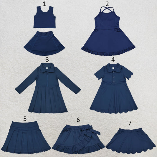 RTS NO MOQ Sibling yoga fabric cotton Baby Girls Vest With Sports Skorts Set Dresses Skirts Navy Blue Athletic Active Wear