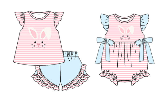 25.12.22 custom each style moq 5 eta 6-8week Sibling Sister bunny baby girl short sleeve shorts sets and romper match design