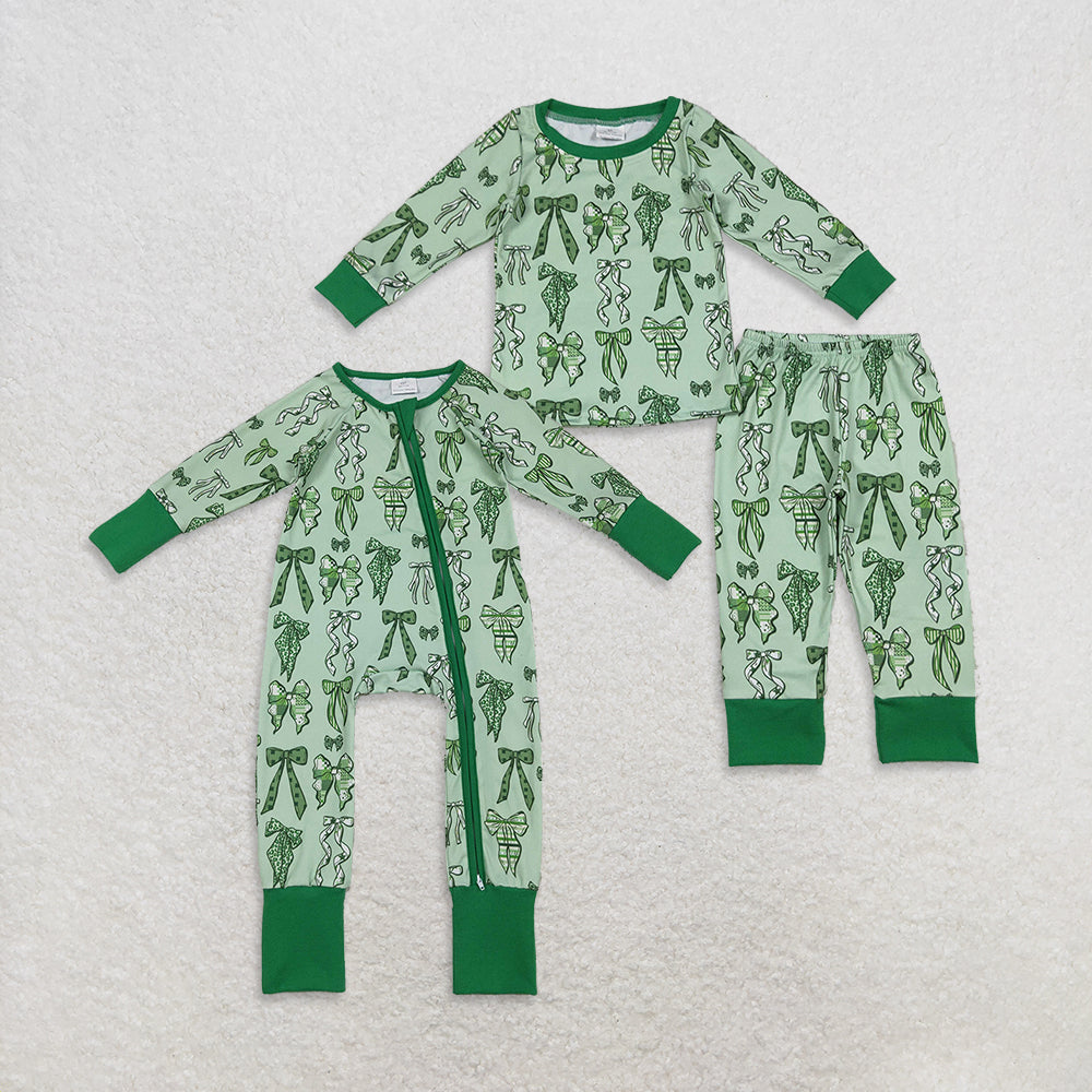 12/18m-7/8t RTS Sibling baby girl clothes bow green long Sleeve pants sets and rompers