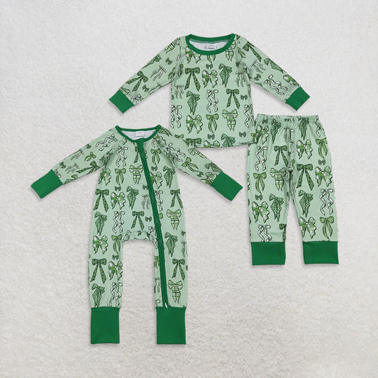 12/18m-7/8t RTS Sibling baby girl clothes bow green long Sleeve pants sets and rompers