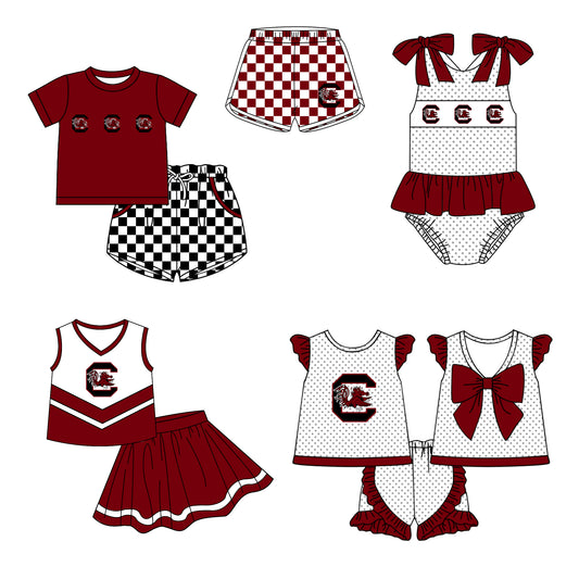 Custom moq 5 mix size milk silk summer teams Boy's Short Sleeved Dark Red Top Plaid Shorts Set Girl's Short-Sleeved Set with Matching Swimsuits Adult Shorts