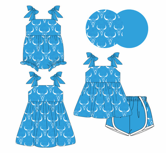 4.3 custom each style moq 5eta 4-6week Sibling Sisters cow head blue baby girl short sleeve shorts sets and dress and rompers match family design