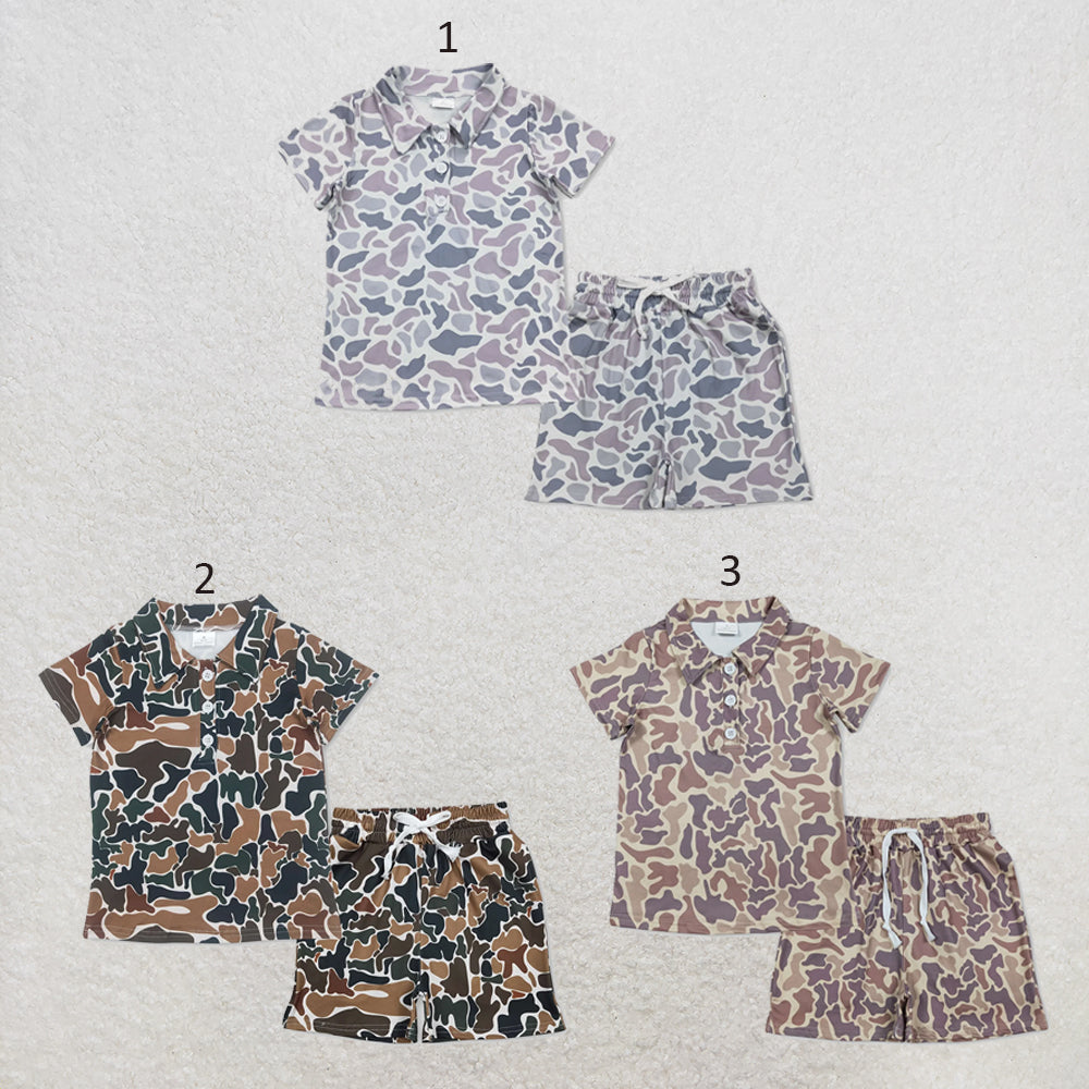RTS NO MOQ Sibling milk silk Baby Boys Camo Buttons Polo Top Pockets Shorts Clothes Sets
