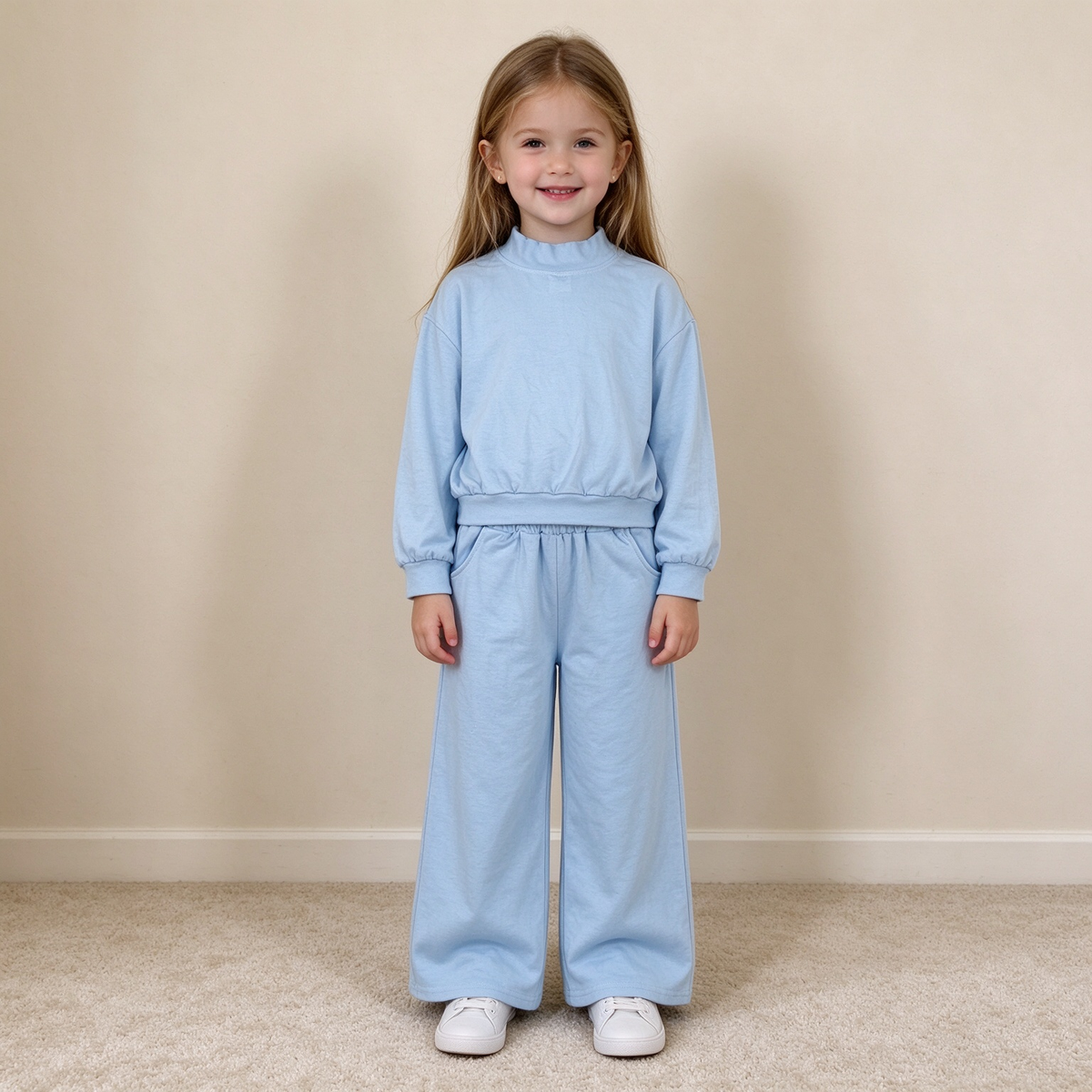 NEW RTS NO MOQ cotton GLP3472 High Neck Baby Girls Light Blue Pocket Long Sleeve Top Flare Pants Set