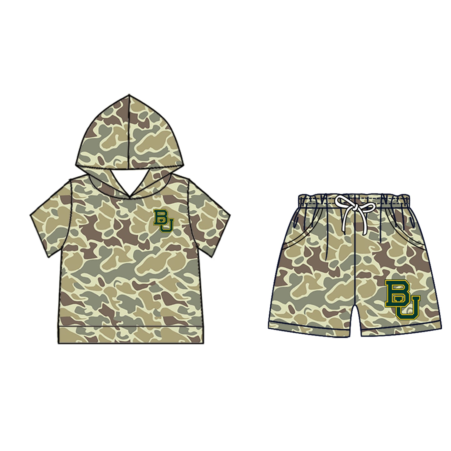 Custom moq 5 mix size milk silk summer teams Baby Camo Hooded Short Sleeve Top and Shorts Set Green Ice Cream Drips Hooded Top with Matching Shorts