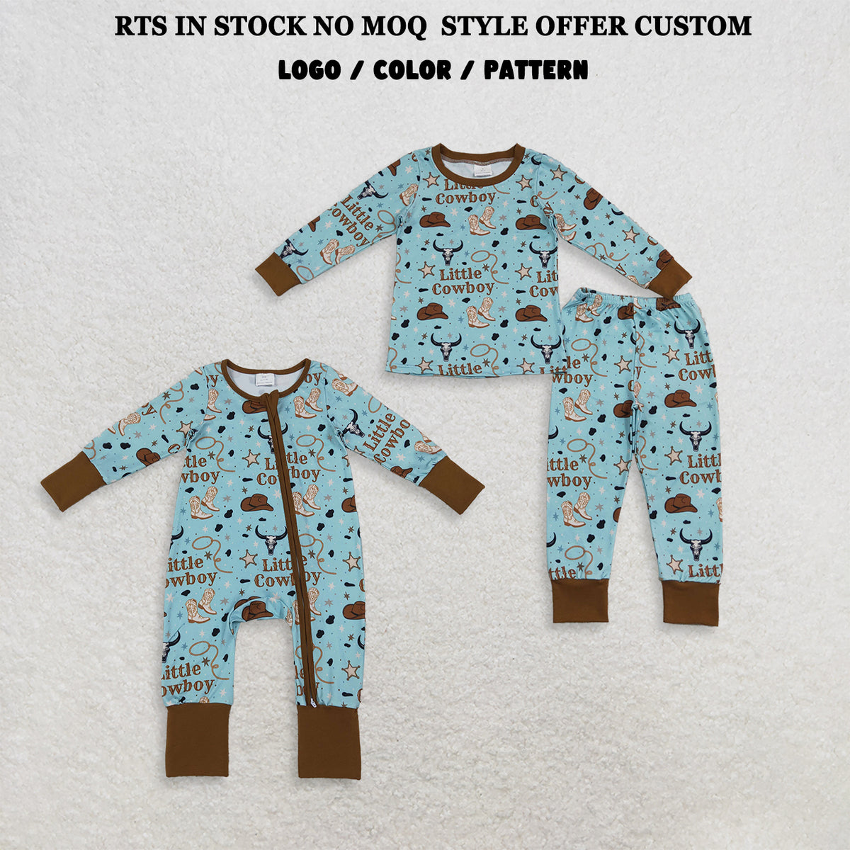 RTS NO MOQ Sibling milk silk Baby Boys Cowboy Print Zipper Romper And Long Sleeve Top Pants Pajamas Set