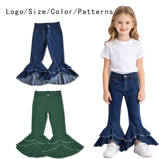 RTS NO MOQ Sibling Denim Baby Girls Solid Color Raw Edge Tiered Ruffle Bell Bottom Denim Pants