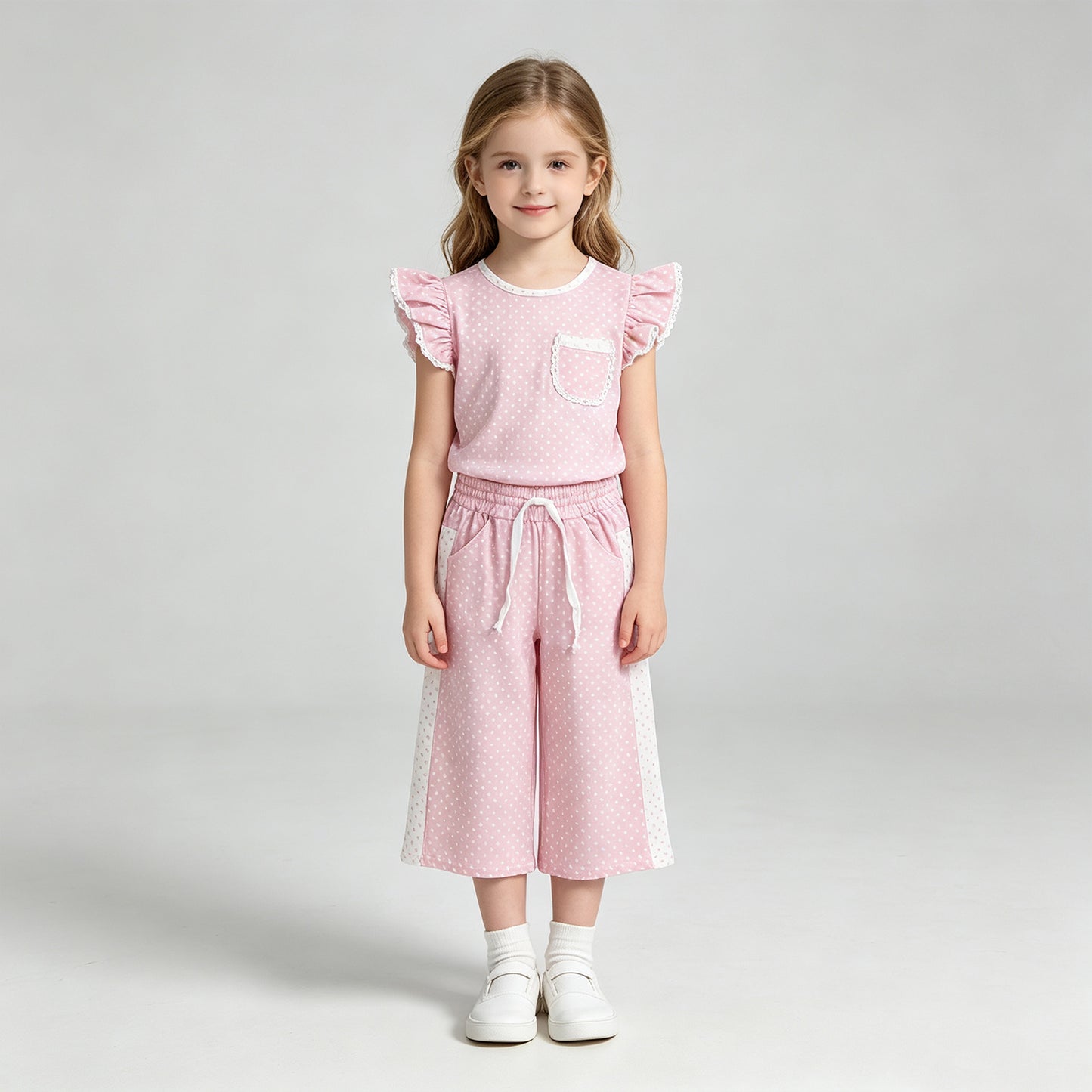 NEW RTS NO MOQ milk silk GSPO2330 Baby Girls Pink Polka Dots Print Pocket Long Sleeve Top Bell Bottom Flare Pants Casual Outfit