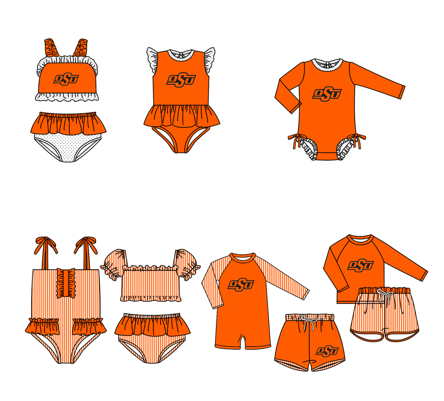 Custom moq 5 mix size milk silk summer teams baby girl boys clothes Orange Two-Piece Swimsuit Set One Piece Swimsuits boy swim trunks