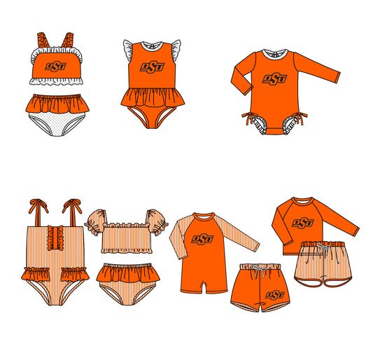 Custom moq 5 mix size milk silk summer teams baby girl boys clothes Orange Two-Piece Swimsuit Set One Piece Swimsuits boy swim trunks