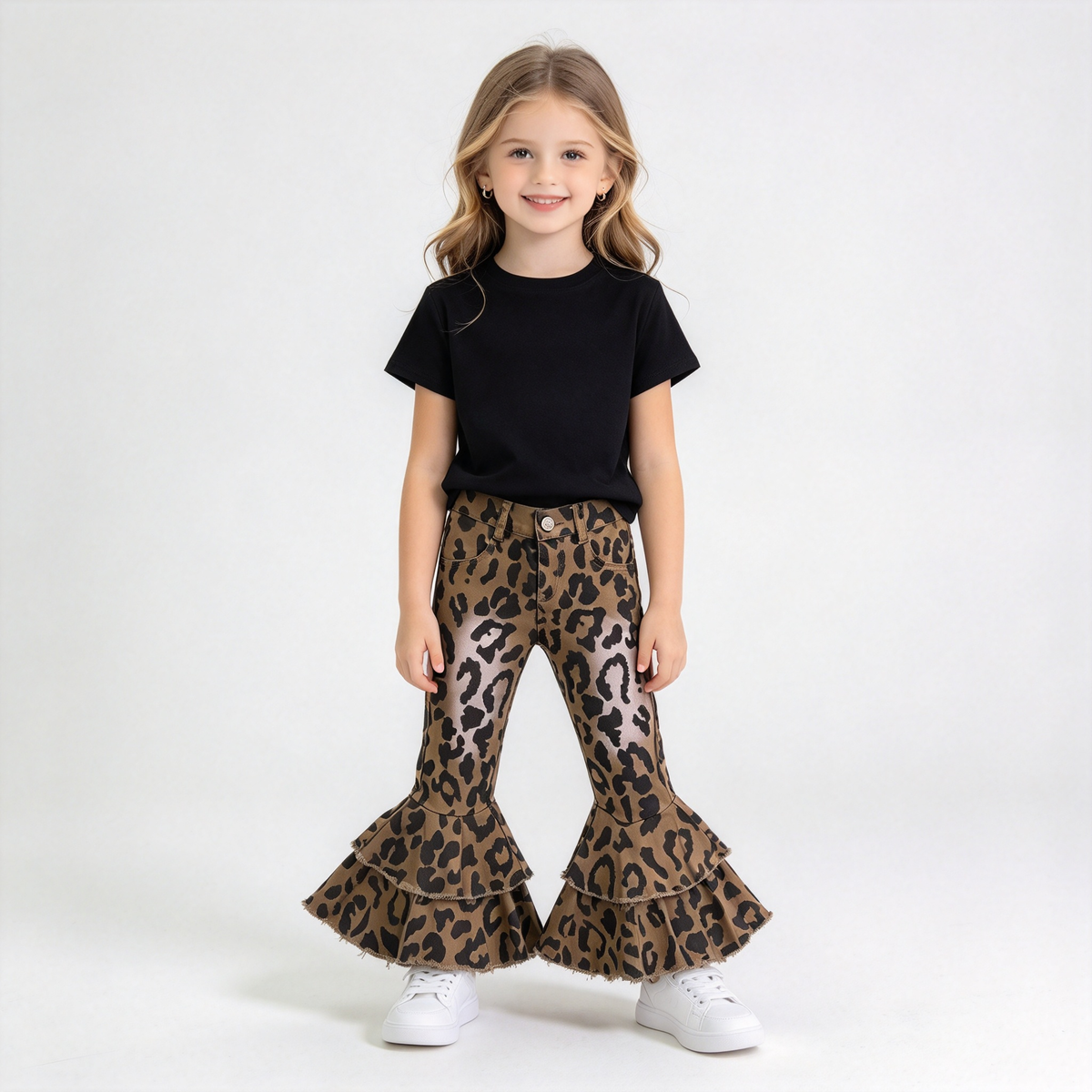 RTS NO MOQ Sibling Denim Baby Girls Leopard Print Double Ruffle Bell Bottom Denim Pants