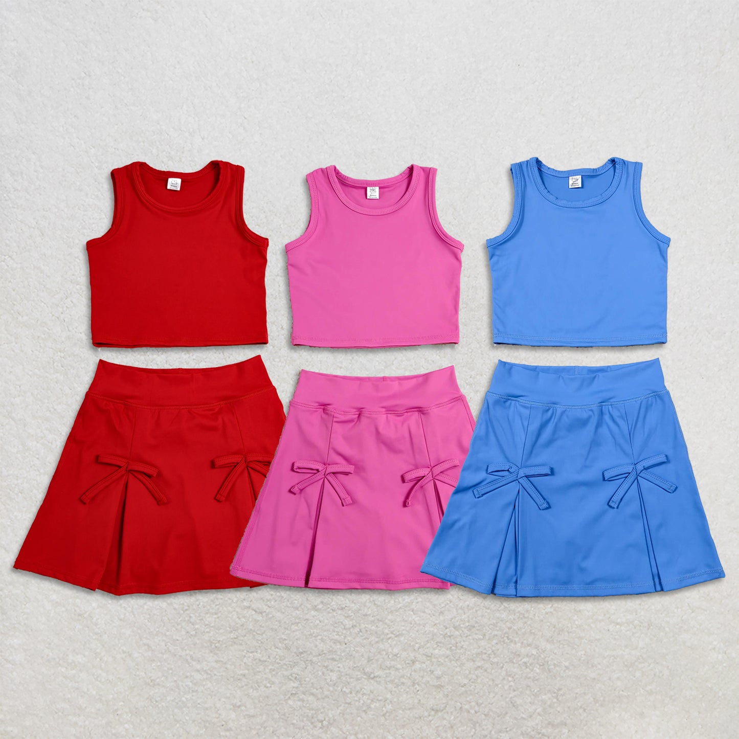 RTS NO MOQ Sibling yoga fabric cotton Baby Girls Sleeveless Vest Top With Bow Decor Matching Skirt Shorts Two Piece Yoga Active Clothes Sets