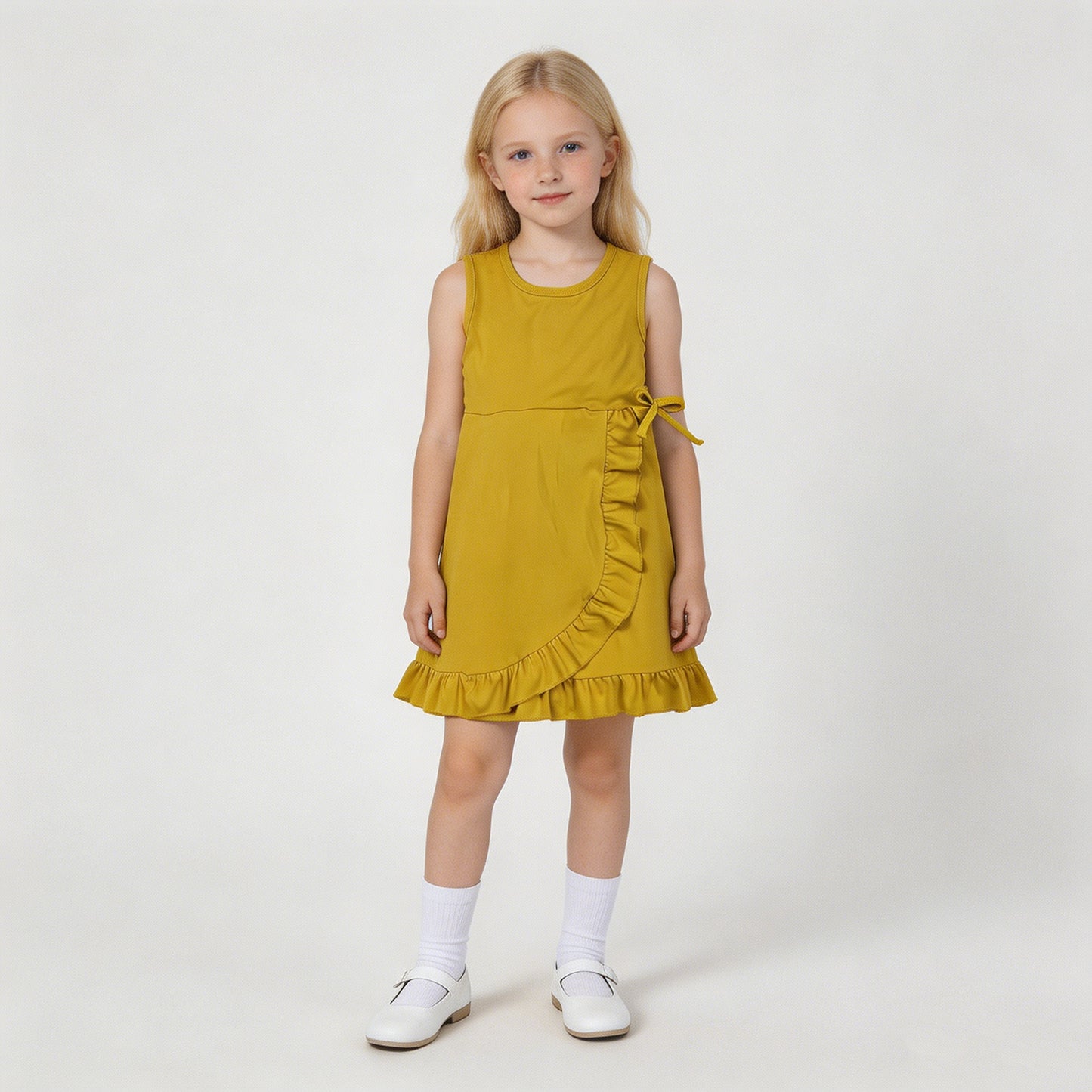 RTS NO MOQ yoga fabric cotton GSD3031 Baby Girls Yellow Sleeveless Ruffle Shorts Knee Length Dresses