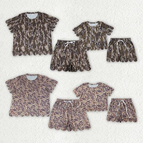 RTS NO MOQ Sibling  Mom And Me Camo Top Scallop Shorts Outfit With Pockets