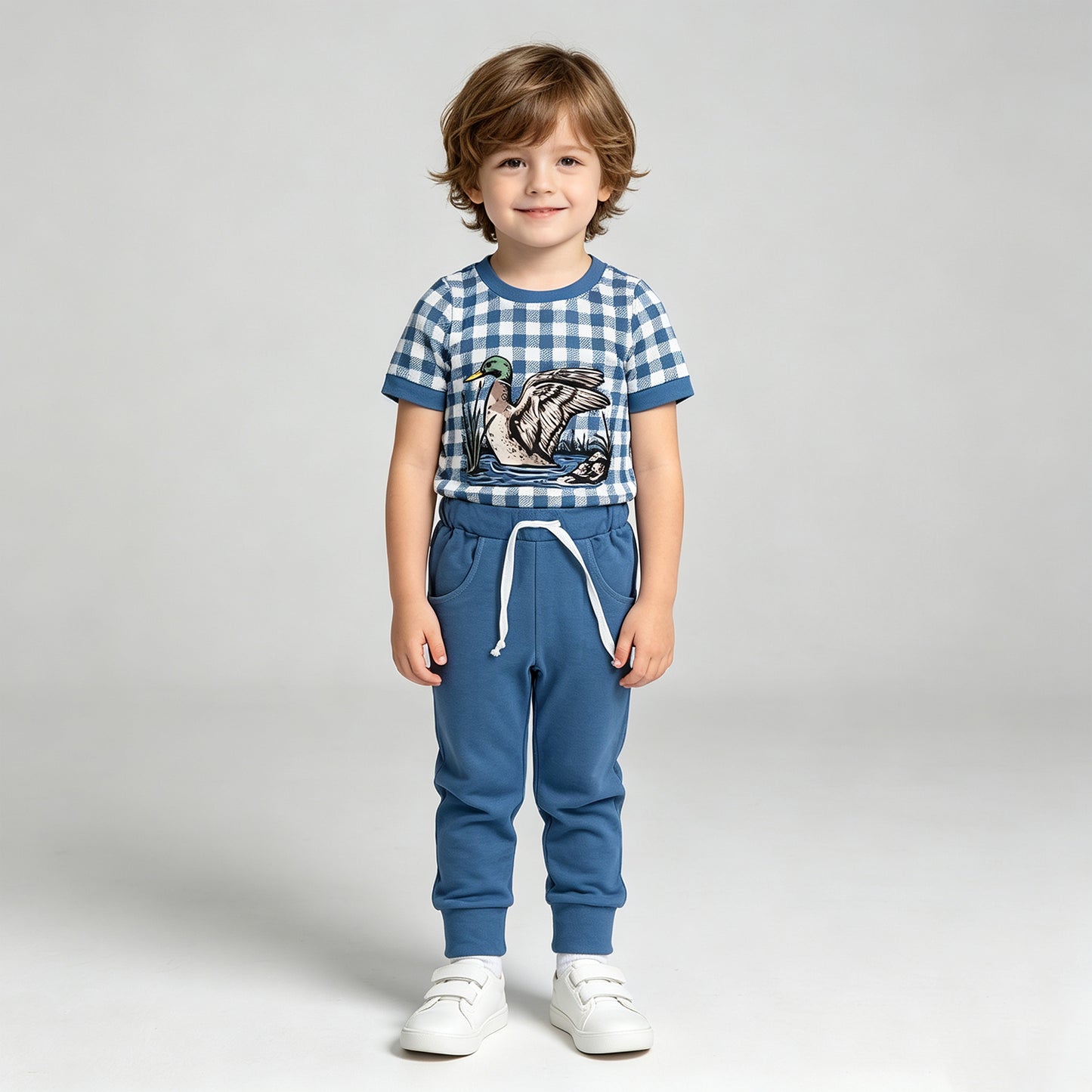 NEW RTS NO MOQ milk silk BSPO0690 Baby Boys Hunting Blue Plaid Duck Printed Pocket Jogger Clothes Sets