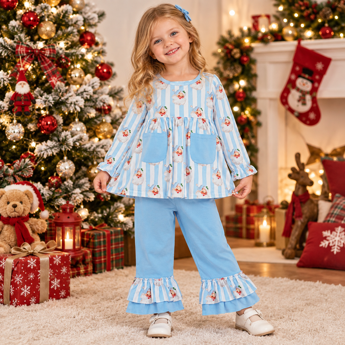 NEW RTS NO MOQ milk silk GLP3455 Baby Girls Blue Stripe Santa Pockets Tunic Ruffle Pant Christmas Set