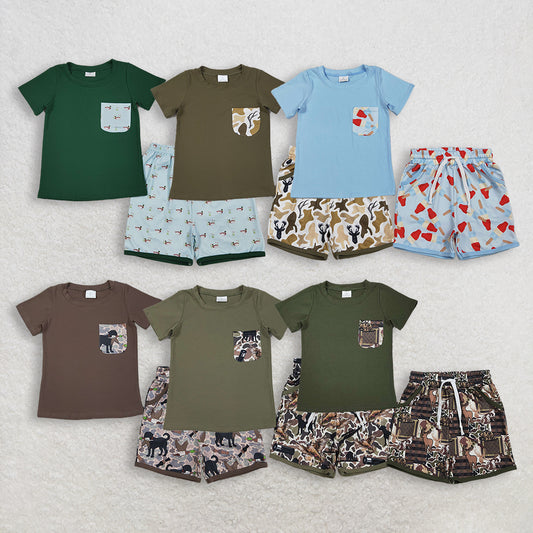 RTS NO MOQ Sibling Baby Boys Camouflage Shirt with Pockets Short Hunting Clothes Set