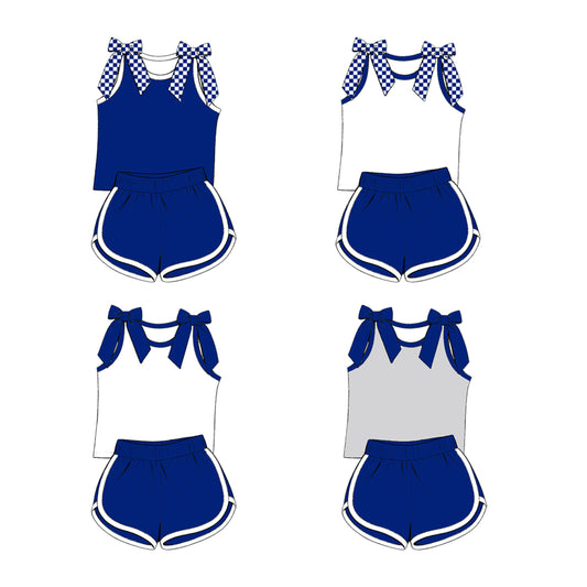 custom moq 5 mix size Baby Girls White Blue Bow Sleeveless Top Shorts Summer Outfit Sets