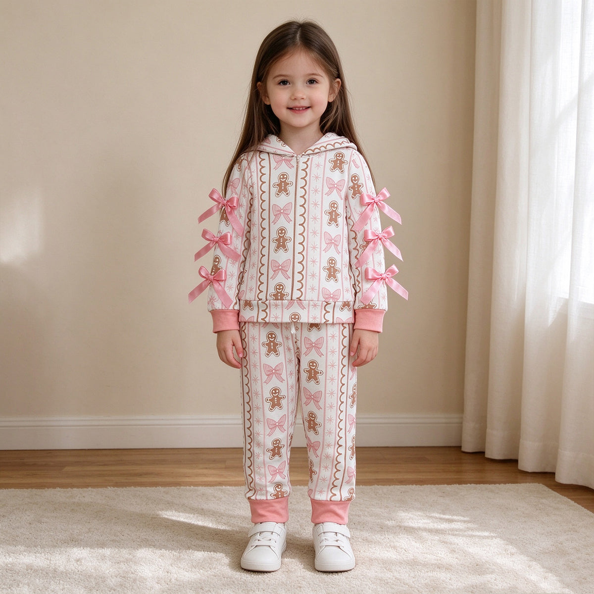 NEW RTS NO MOQ milk silk GLP3614 Baby Girls Bows Gingerbread Hoodie Pockets Elastic Jogger Christmas Outfit Set