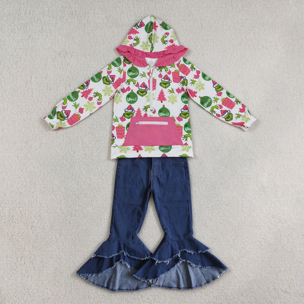 NEW RTS NO MOQ Denim GT1164+ P0007 Cute Clothes Baby Girls Christmas Print Ruffle Hoodie Zip Top Dark Denim Double Denim Pants Set