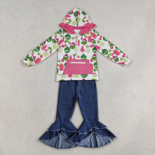 NEW RTS NO MOQ Denim GT1164+ P0007 Cute Clothes Baby Girls Christmas Print Ruffle Hoodie Zip Top Dark Denim Double Denim Pants Set